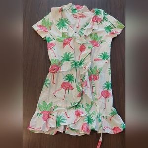 Sant and Abel M/L Flamingo Palm Tree Tropical Print Ruffle Robe Wrap‎ Dress
